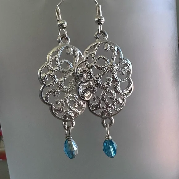 Intricate Silver Earrings with Blue Accent - Picture 2 of 5